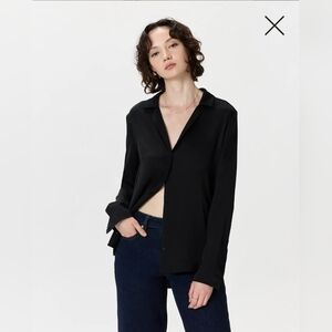 NWT! Quince Washable Stretch Silk Black Notch Collar Blouse! Sz. XL! (H6)